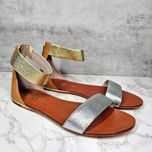 Yosi Samra Ankle Strap Flat Sandals Zip Back Silver Gold Women 6M